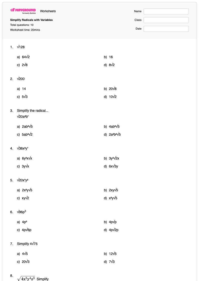 Simplify Radicals with Variables - พิมพ์ได้ การลดรูปรากที่สอง เวิร์กชีท - Wayground
