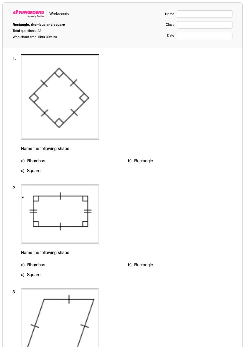 Rectangle, rhombus and square - Printable Properties-of-rhombuses Worksheets Grade 9 - Wayground