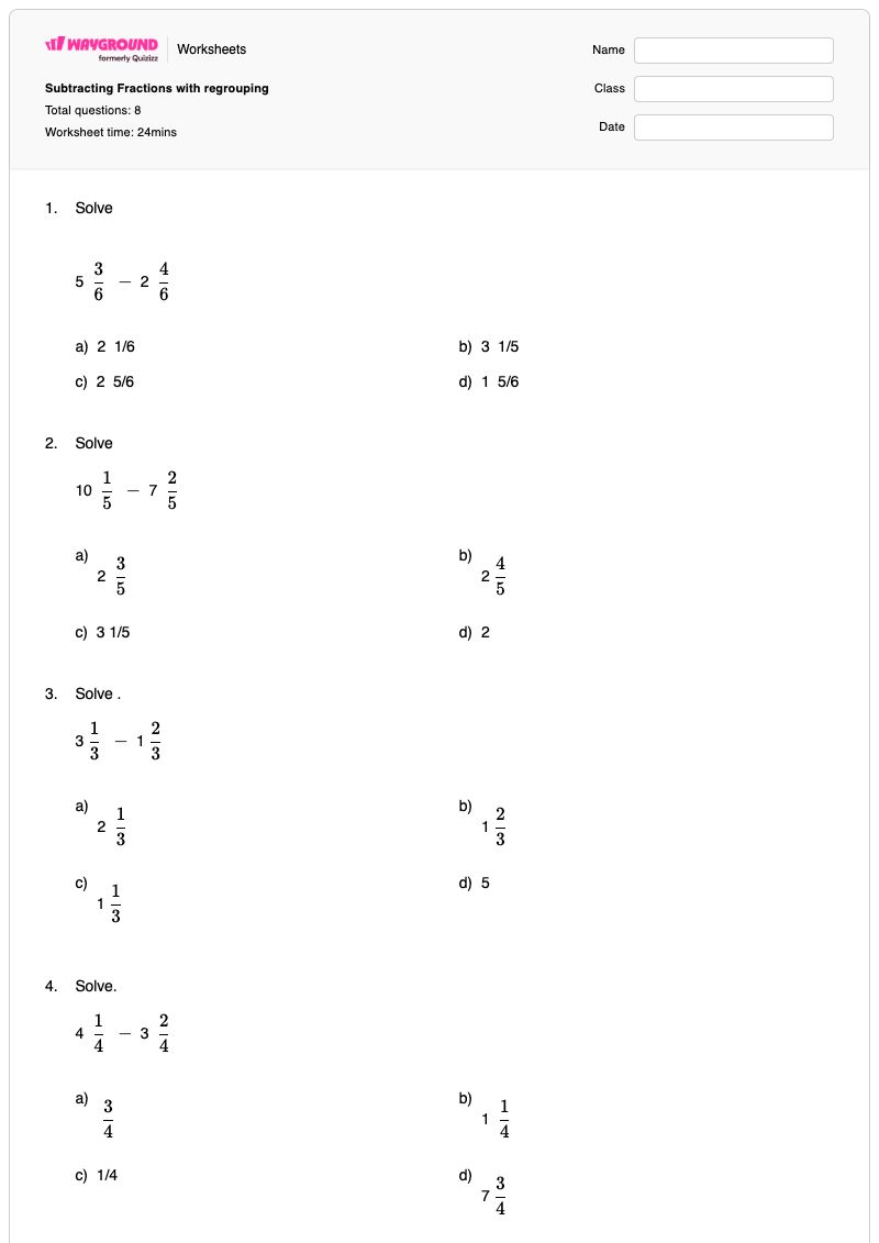Subtracting Fractions with regrouping - Printable Subtracting-fractions Worksheets - Wayground