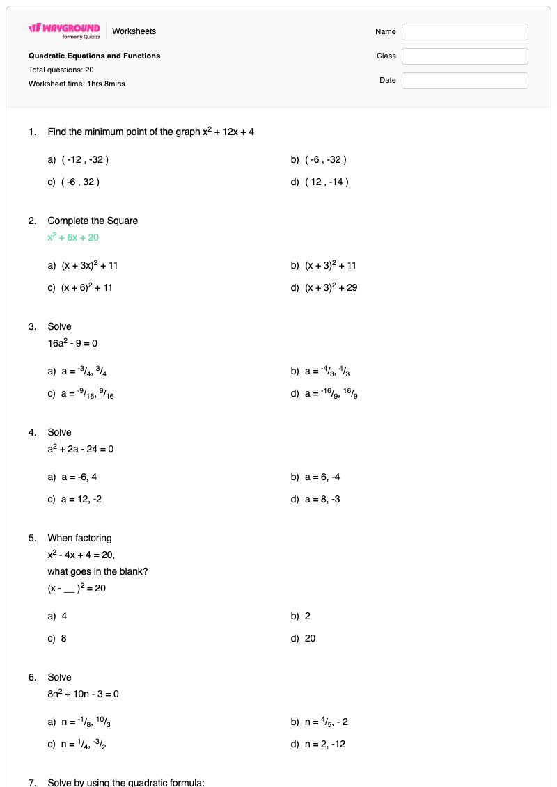 Quadratic Equations and Functions - Printable Quadratic Worksheets - Wayground