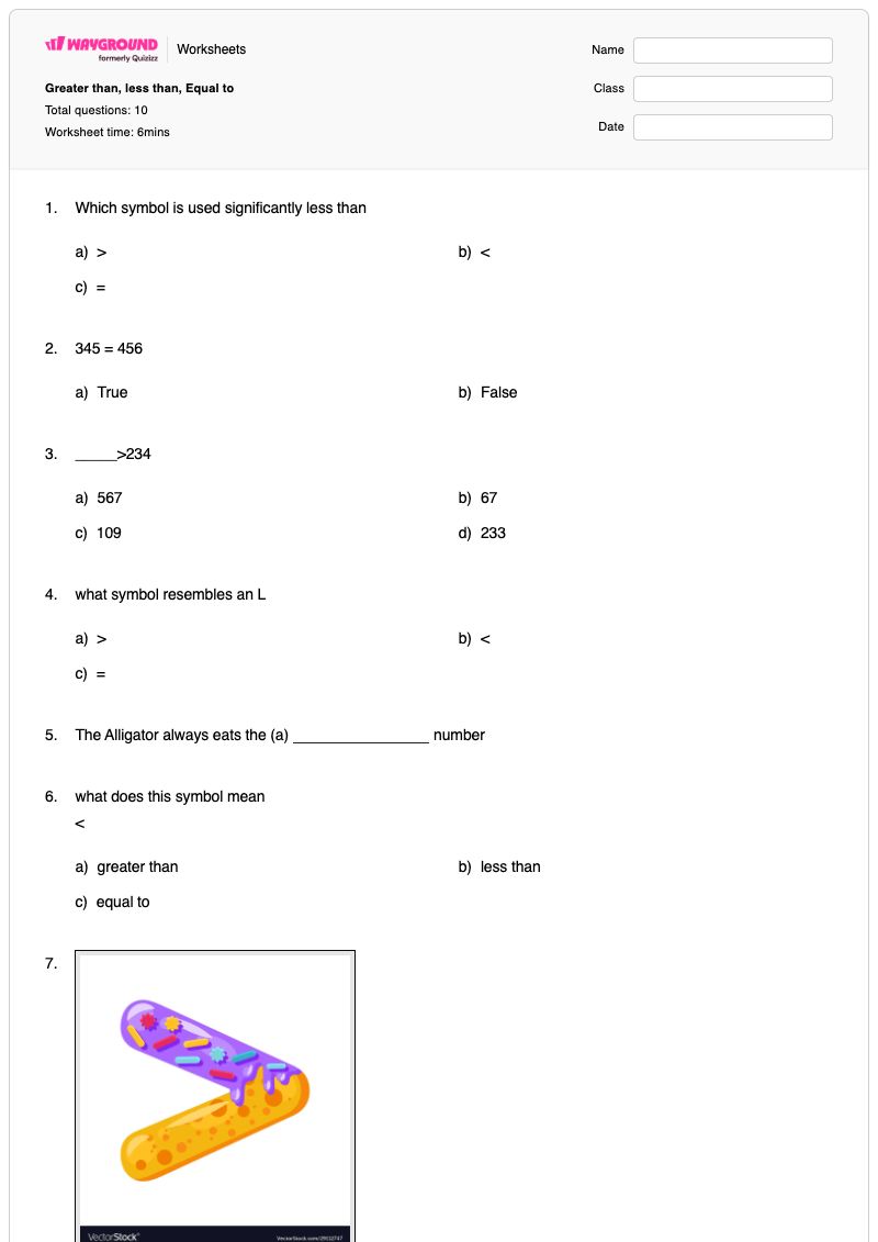 Greater than, less than, Equal to - Printable Comparing-numbers-more-or-less-than Worksheets Grade 1 - Wayground