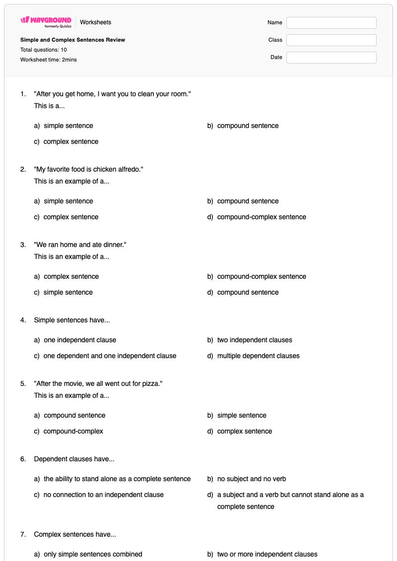 Simple and Complex Sentences Review - พิมพ์ได้ Simple-sentences เวิร์กชีท - Wayground