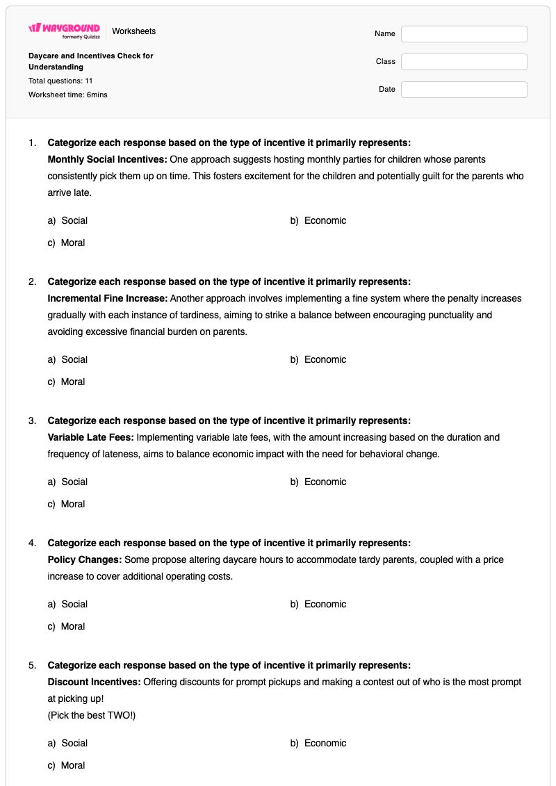 Daycare and Incentives Check for Understanding - พิมพ์ได้ Community-service เวิร์กชีท ระดับ 9 - Wayground