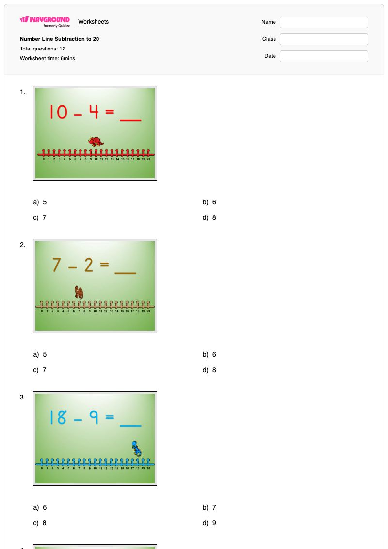 Number Line Subtraction to 20 - พิมพ์ได้ Plotting-on-a-number-line เวิร์กชีท ระดับ 1 - Wayground