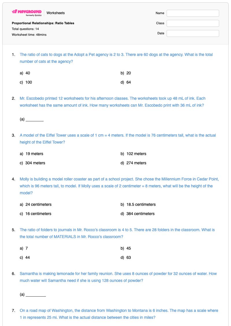 Proportional Relationships: Ratio Tables - พิมพ์ได้ Ratio-tables เวิร์กชีท ระดับ 7 - Wayground