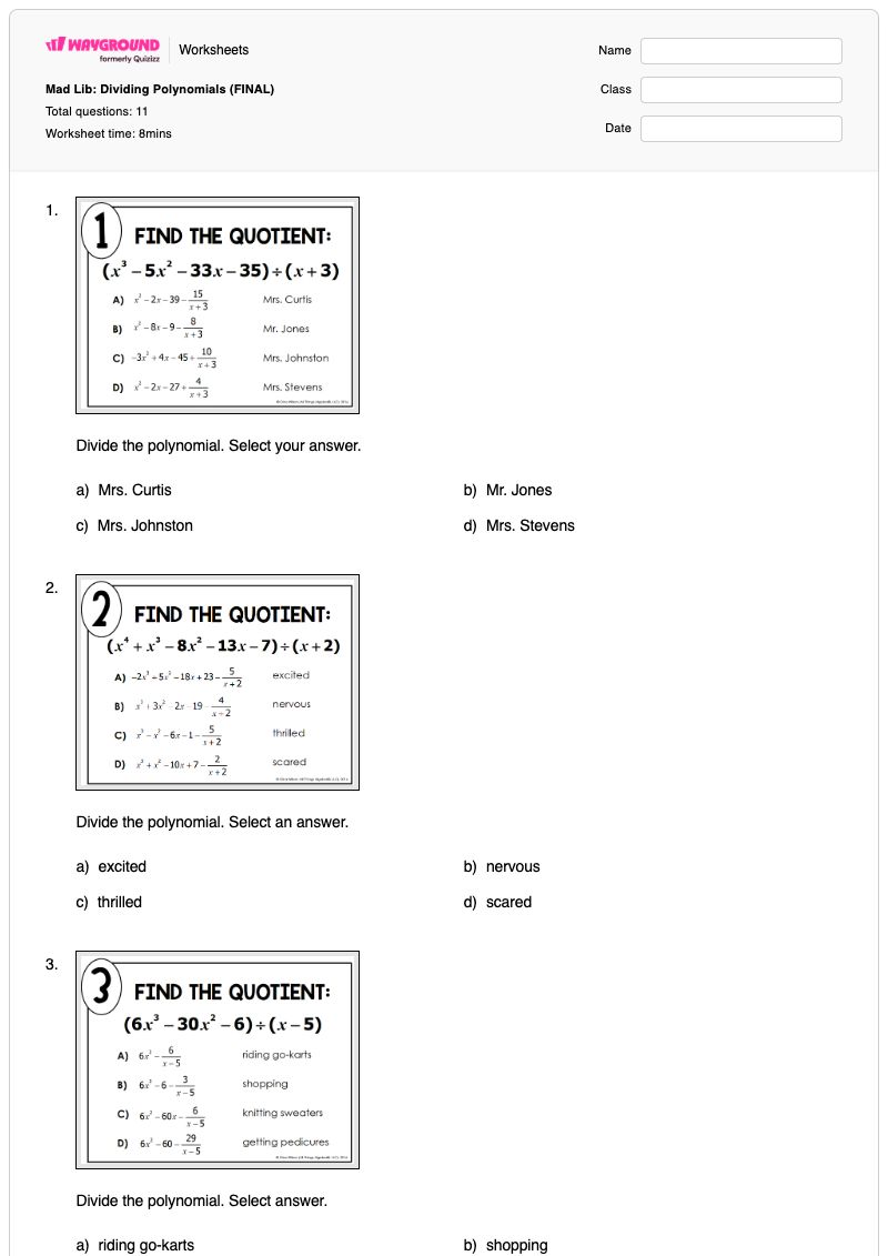 Mad Lib: Dividing Polynomials (FINAL) - Printable Division Worksheets - Wayground