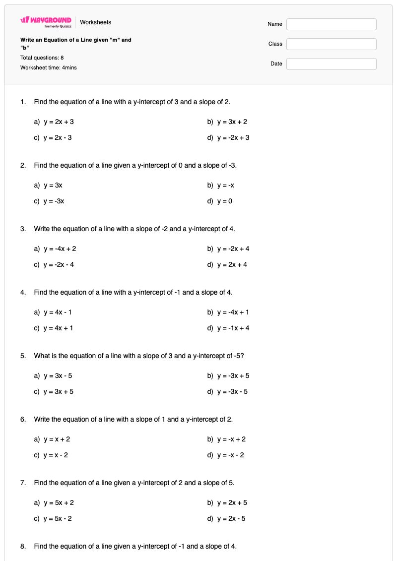 Write an Equation of a Line given "m" and "b" - Printable Equation-of-a-line Worksheets - Wayground