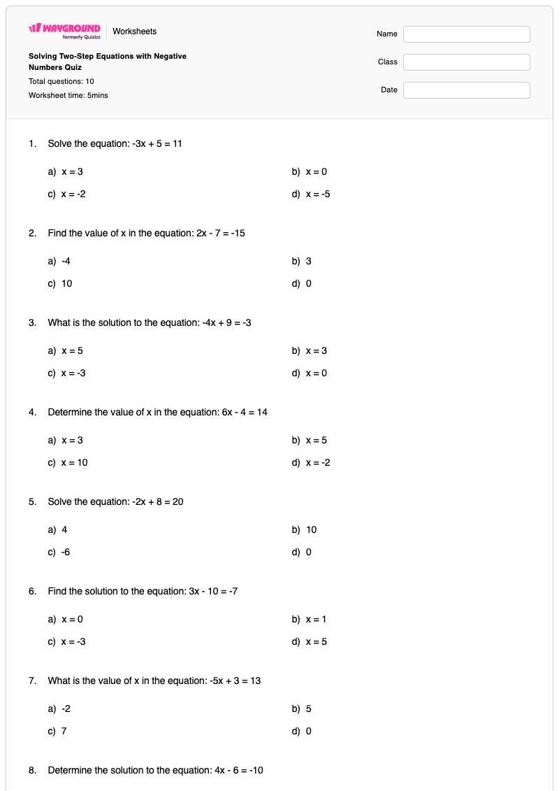 Solving Two-Step Equations with Negative Numbers Quiz - พิมพ์ได้ สมการสองขั้นตอน เวิร์กชีท - Wayground