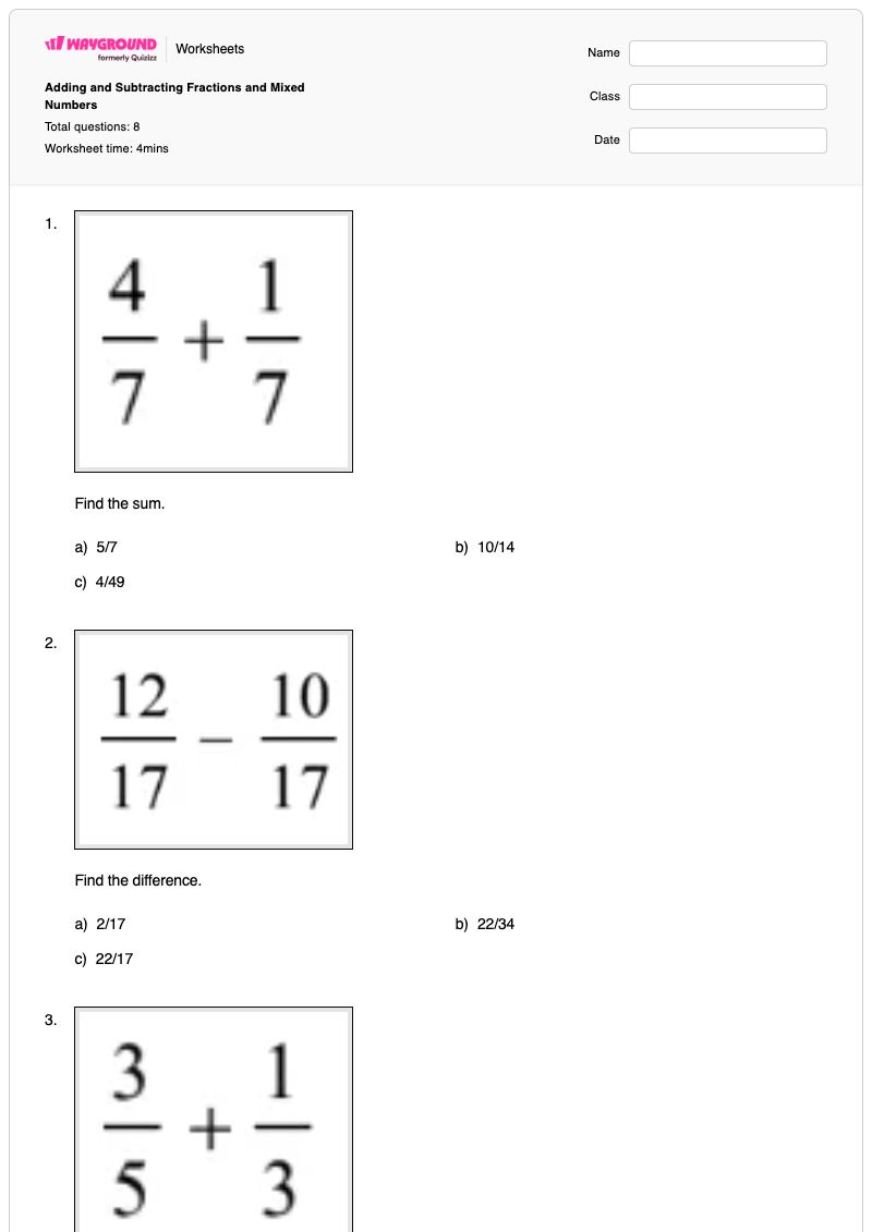 Adding and Subtracting Fractions and Mixed Numbers - Printable Adding-and-subtracting-mixed-numbers Worksheets - Wayground