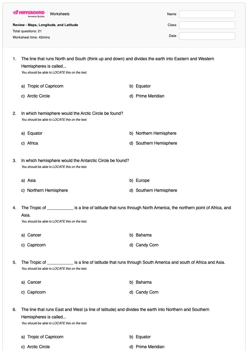 Review - Maps, Longitude, and Latitude - Printable Latitude-and-longitude Worksheets - Wayground