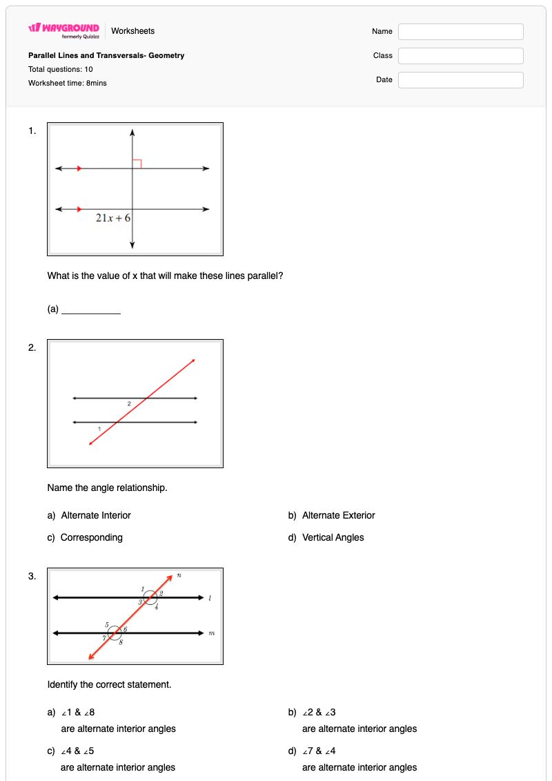 Parallel Lines and Transversals- Geometry - พิมพ์ได้ เส้นตัดขวางของเส้นขนาน เวิร์กชีท - Wayground