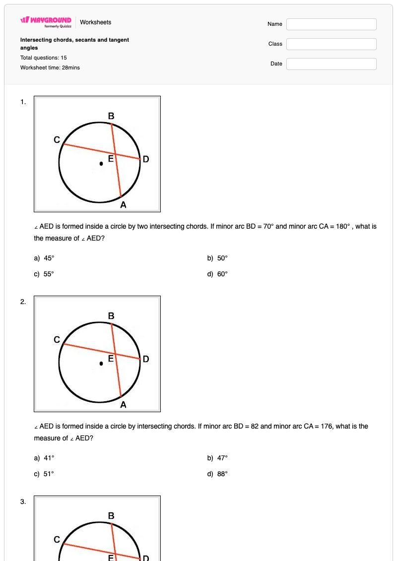 Intersecting chords, secants and tangent angles - พิมพ์ได้ คอร์ดที่ตัดกัน เวิร์กชีท ระดับ 10 - Wayground
