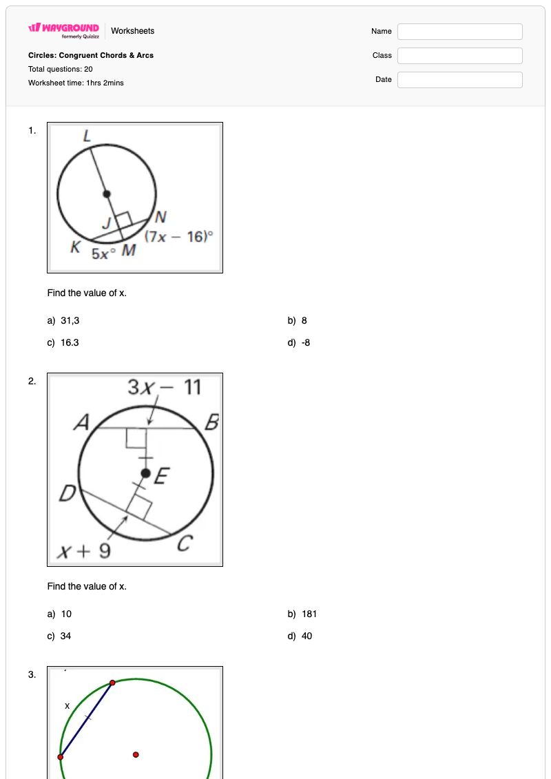 Circles: Congruent Chords & Arcs - Printable Congruent-chords-and-arcs Worksheets - Wayground