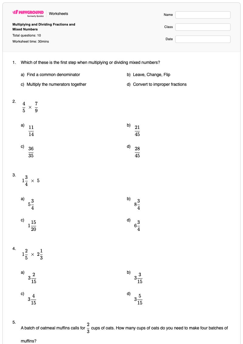 Multiplying and Dividing Fractions and Mixed Numbers - Printable Multiplying-and-dividing-mixed-numbers Worksheets - Wayground