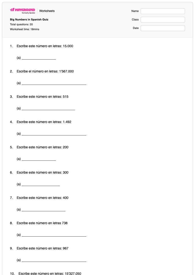 Big Numbers in Spanish Quiz - Printable Writing-numbers-in-words Worksheets - Wayground