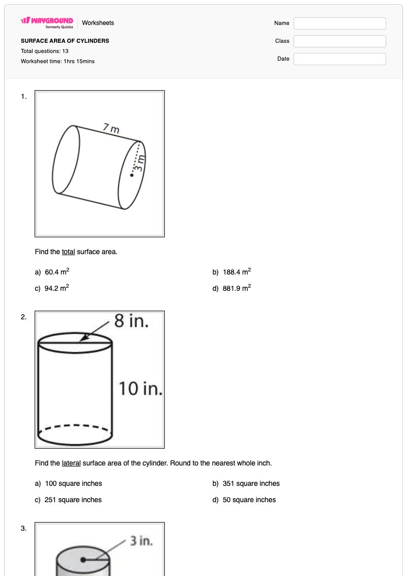 SURFACE AREA OF CYLINDERS - Printable Volume-and-surface-area Worksheets - Wayground