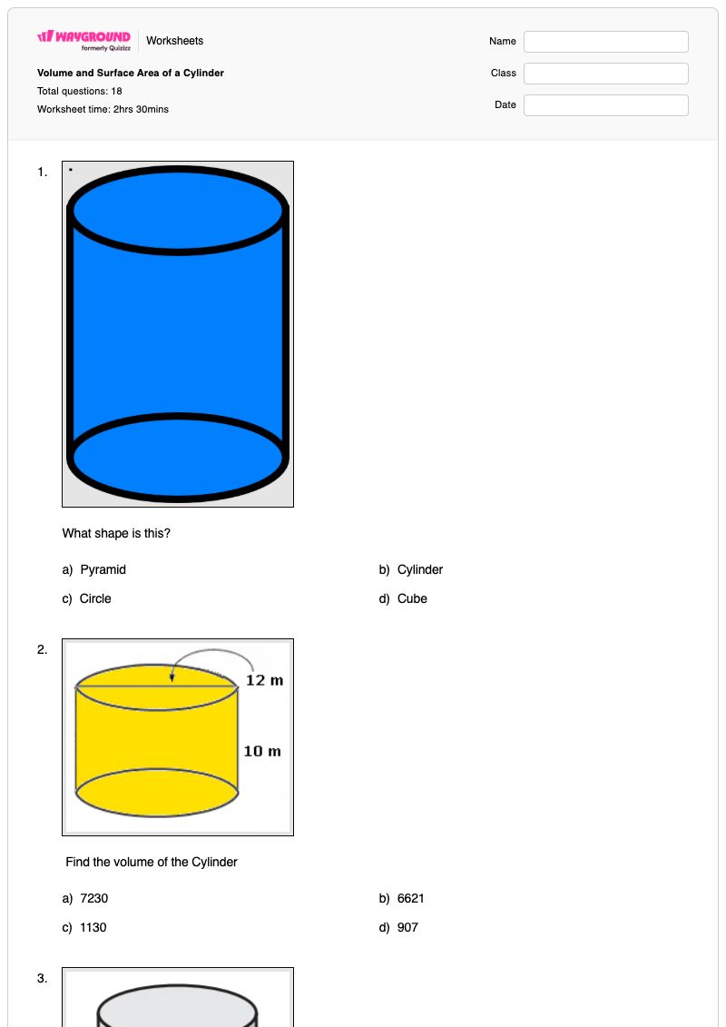 Volume and Surface Area of a Cylinder - Printable Volume-and-surface-area Worksheets - Wayground