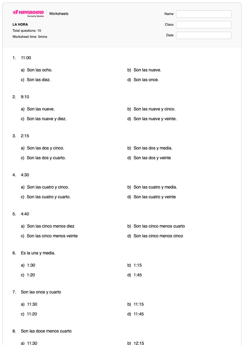 LA HORA - Printable Time Worksheets - Wayground