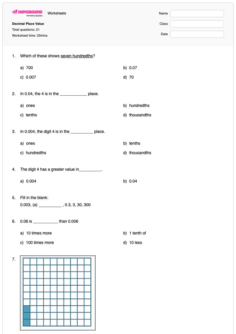 Decimal Place Value - Printable Place-value-in-millions Worksheets Class 5 - Wayground