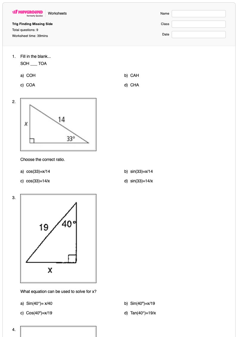 Trig Finding Missing Side - พิมพ์ได้ การค้นหาด้านที่หายไป เวิร์กชีท - Wayground