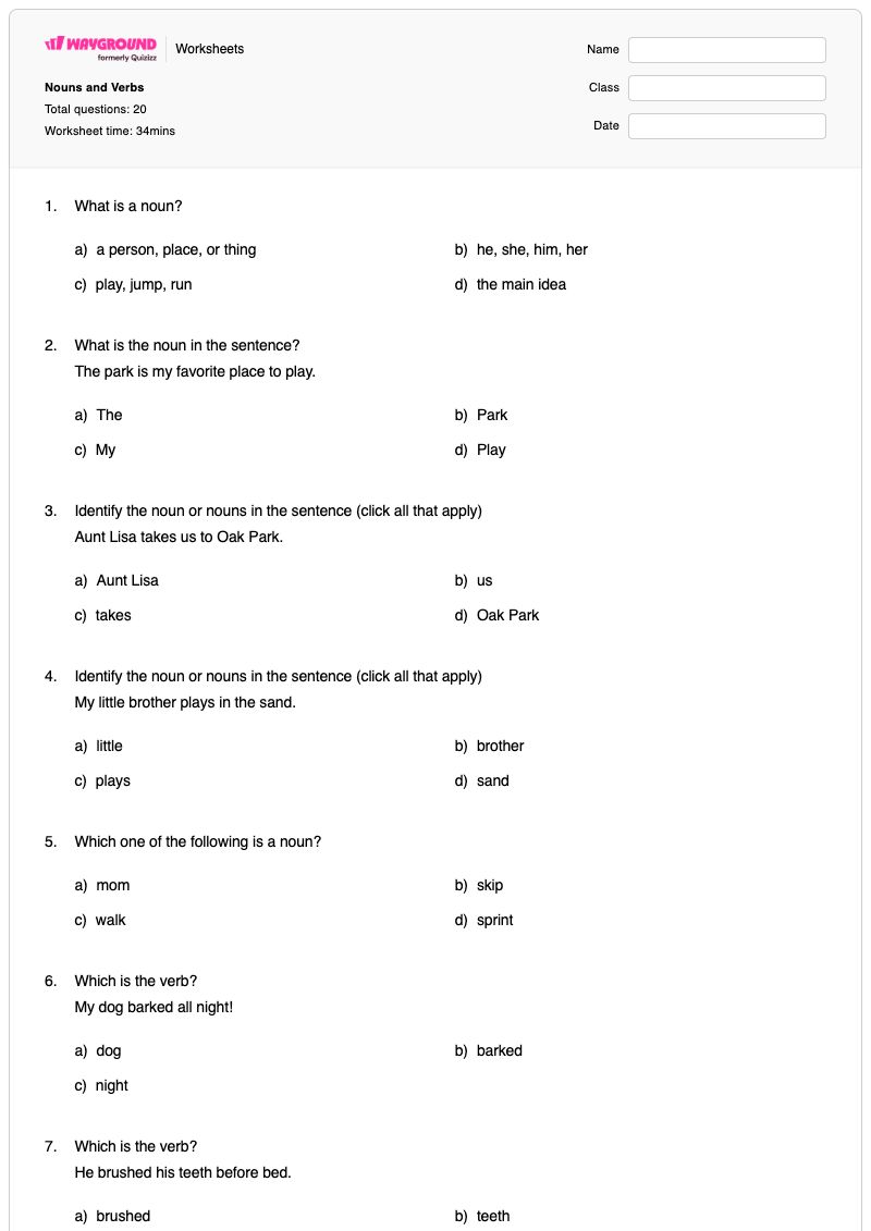 Nouns and Verbs - Printable Noun-identification Worksheets Year 3 - Wayground