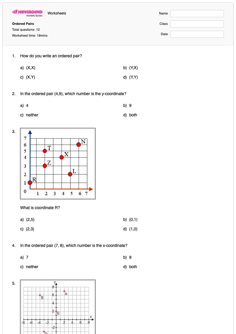 Ordered Pairs - Printable Quadrant-1 Worksheets - Wayground