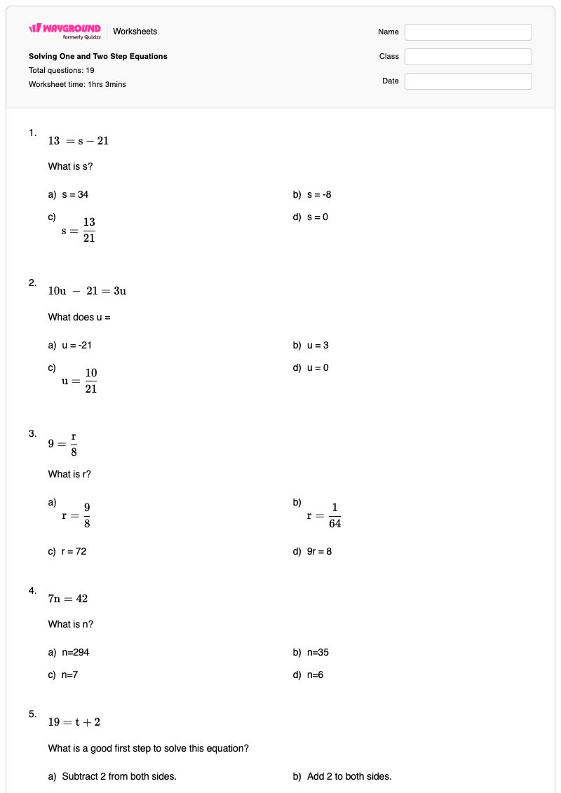 Solving One and Two Step Equations - Printable One-step-inequalities Worksheets - Wayground