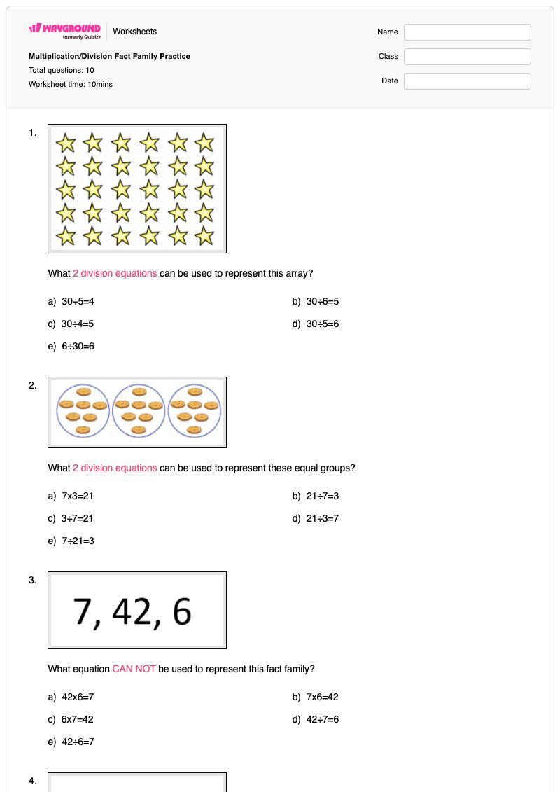 Multiplication/Division Fact Family Practice - Printable Repeated-subtraction Worksheets Year 3 - Wayground