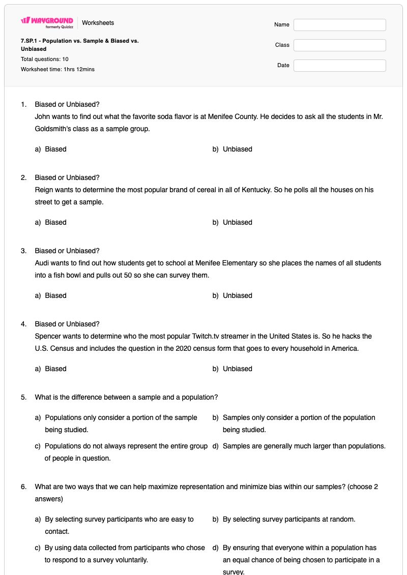 7.SP.1 - Population vs. Sample & Biased vs. Unbiased - พิมพ์ได้ Population-and-sample เวิร์กชีท ระดับ 7 - Wayground