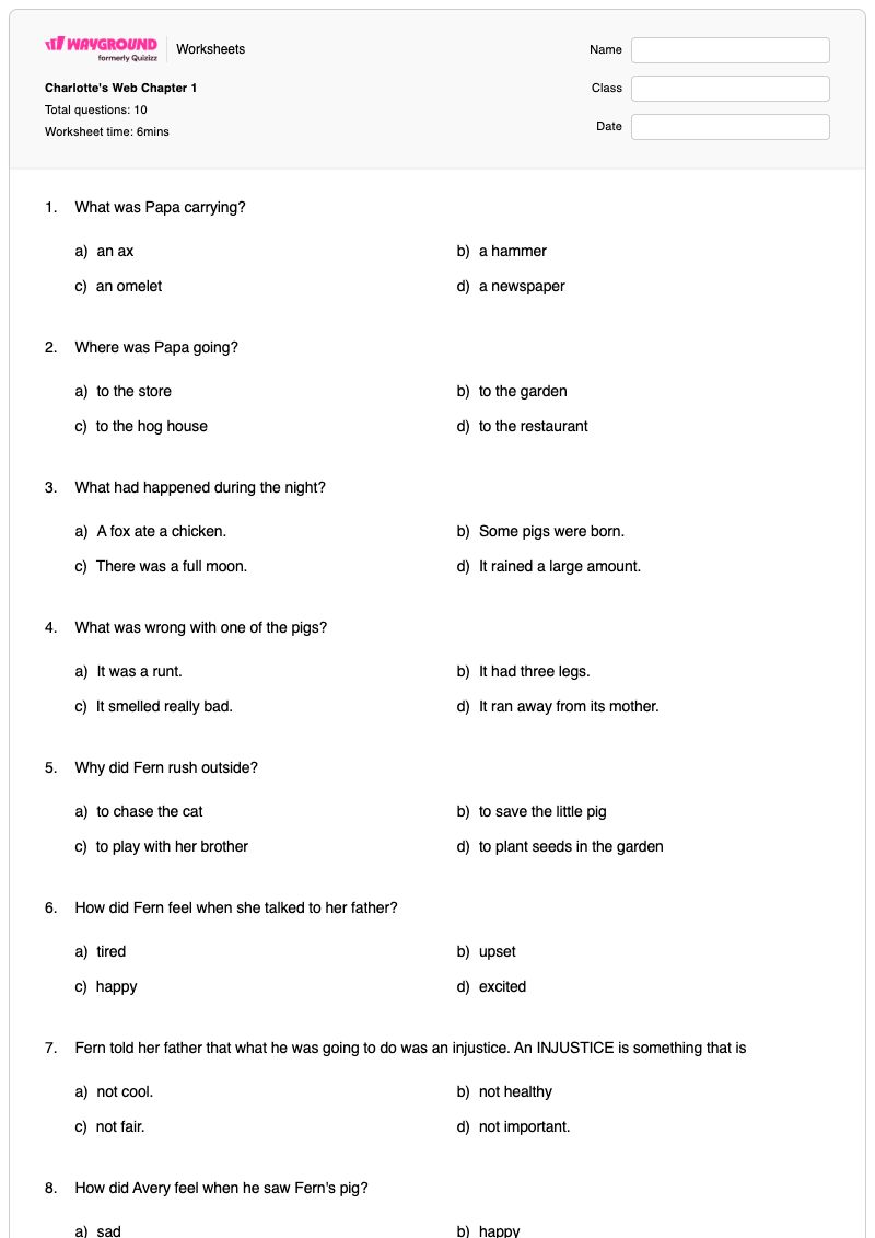 Charlotte's Web Chapter 1 - Printable The-basics Worksheets - Wayground