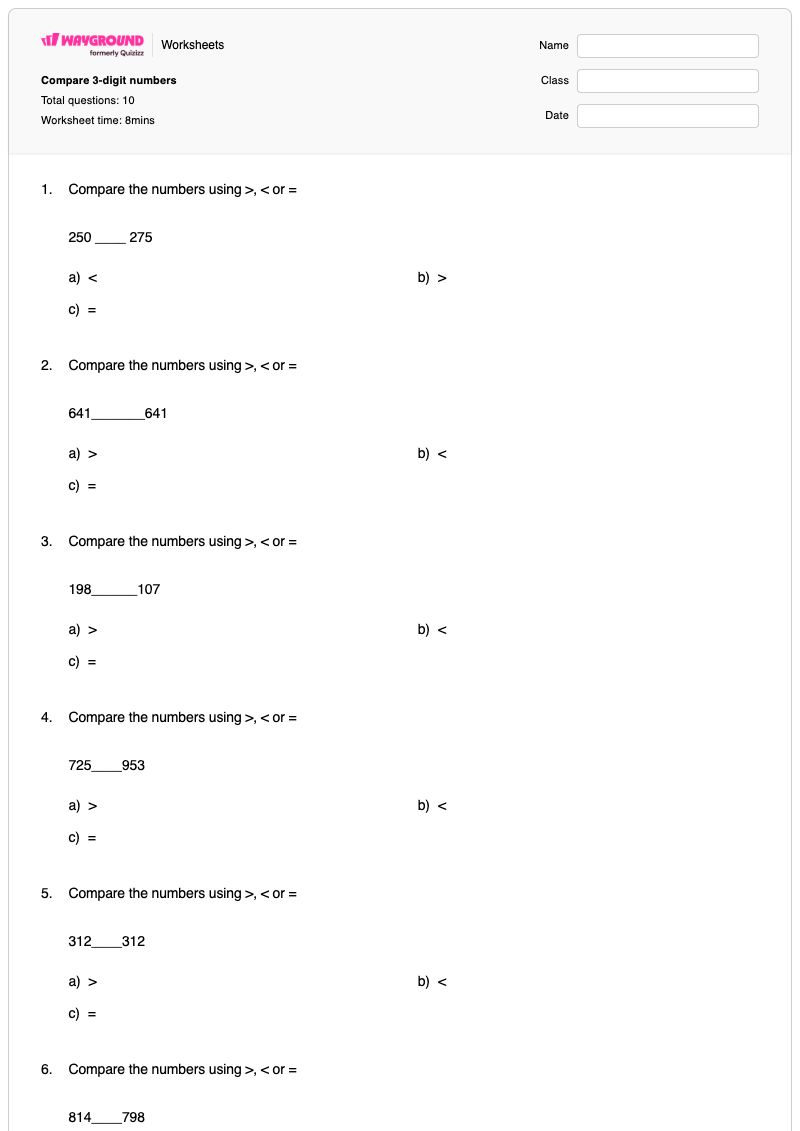 Compare 3-digit numbers - Printable Number-comparison-more-and-less Worksheets Grade 2 - Wayground