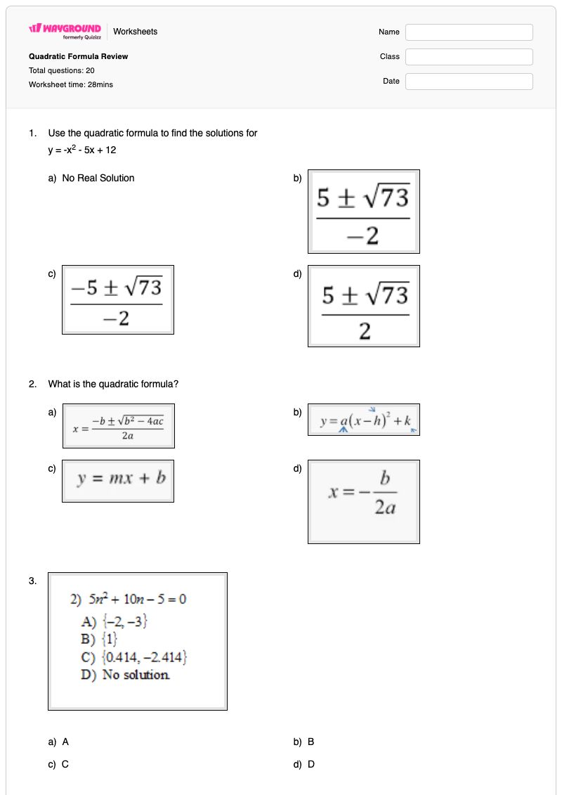 Quadratic Formula Review - Printable Quadratic Worksheets - Wayground