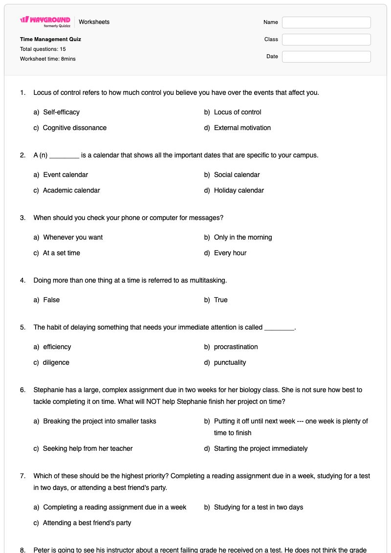 Time Management Quiz - Printable Time Worksheets - Wayground