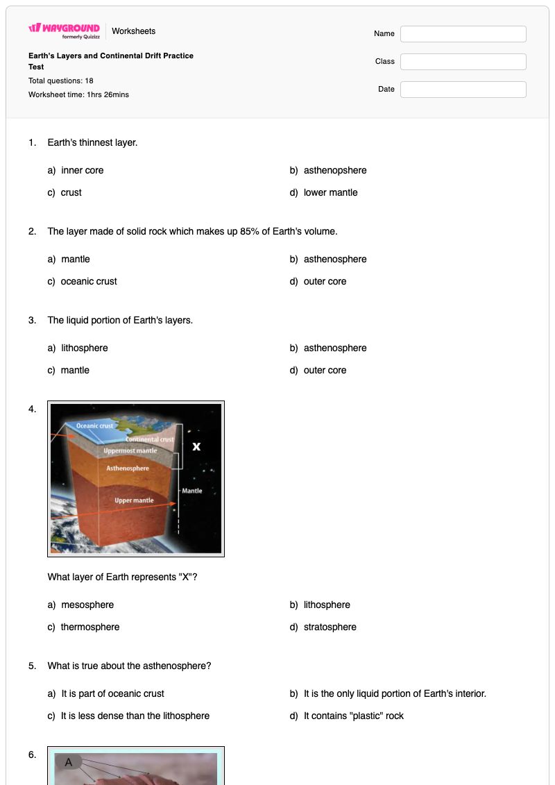 Earth's Layers and Continental Drift Practice Test - พิมพ์ได้ การเคลื่อนตัวของทวีป เวิร์กชีท ระดับ 6 - Wayground