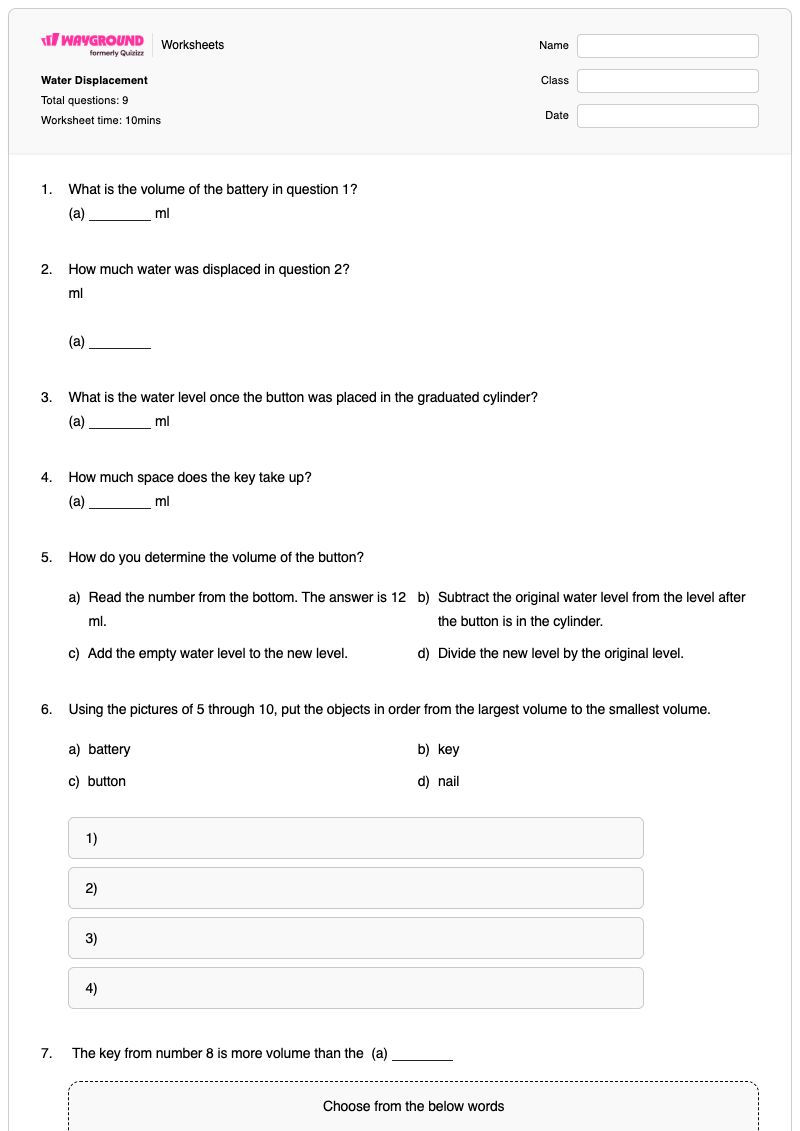 Water Displacement  - Printable Double-displacement-reaction Worksheets Class 6 - Wayground