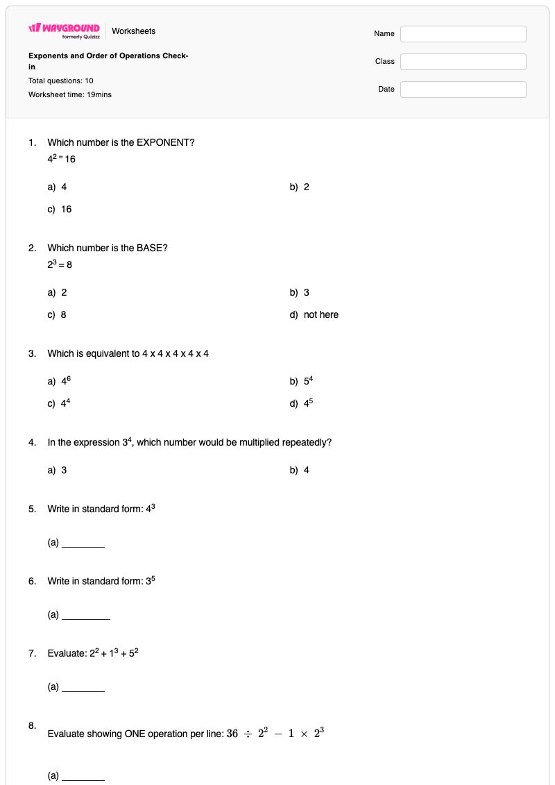 Exponents and Order of Operations Check-in - พิมพ์ได้ การดำเนินการยกกำลัง เวิร์กชีท - Wayground