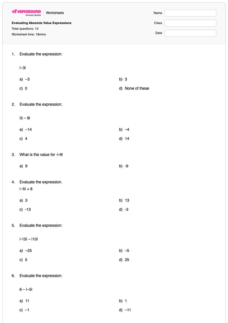 Evaluating Absolute Value Expressions - พิมพ์ได้ การประเมินนิพจน์ เวิร์กชีท - Wayground