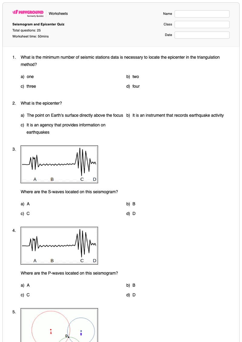 Seismogram and Epicenter Quiz - พิมพ์ได้ การระบุตำแหน่งแผ่นดินไหว เวิร์กชีท - Wayground