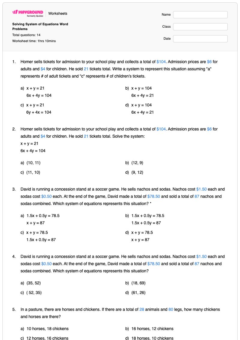 Solving System of Equations Word Problems - Printable System-of-equations-word-problems Worksheets - Wayground