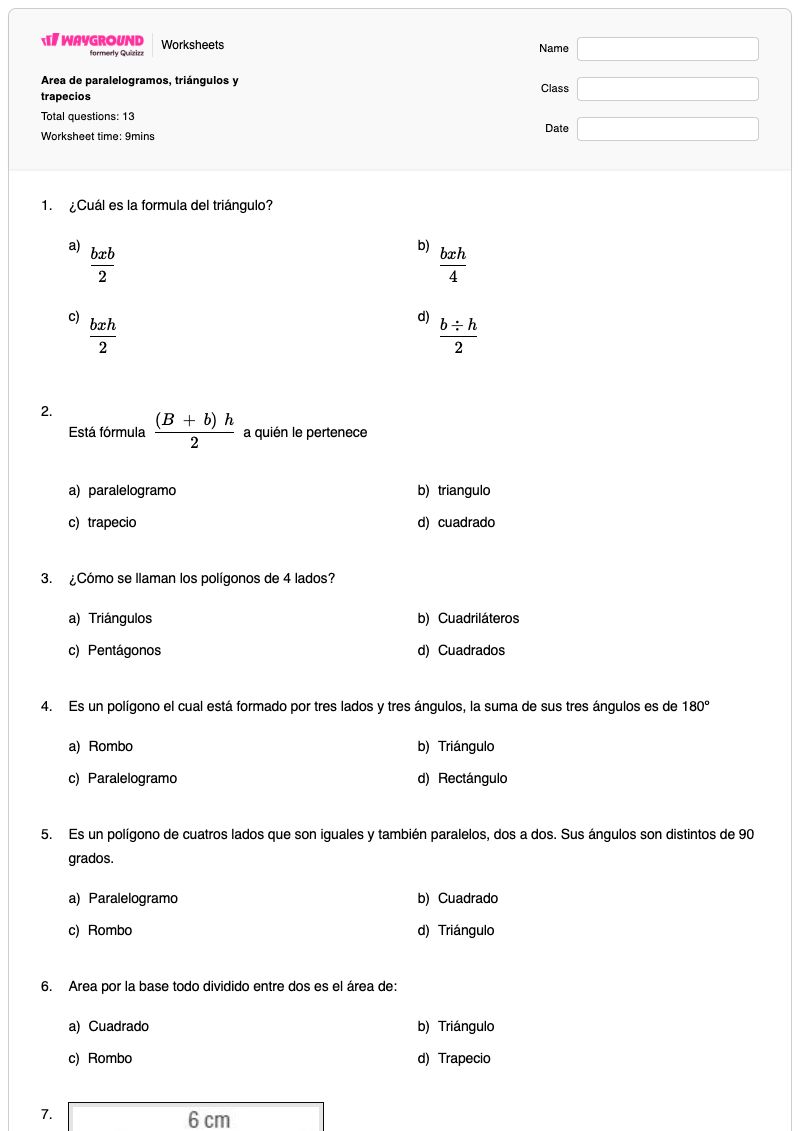 Area de paralelogramos, triángulos y trapecios - Imprimible Propiedades-de-los-paralelogramos Hojas-de-trabajo Grado 6 - Wayground