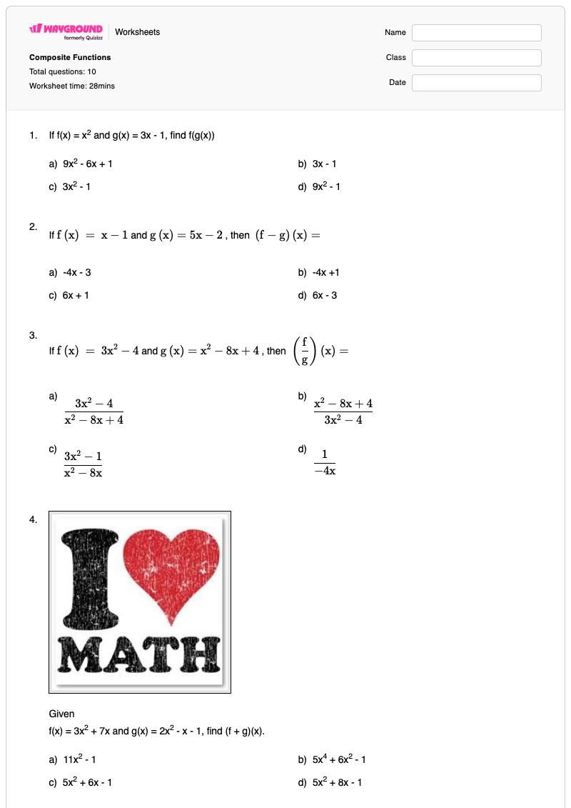 Composite Functions - พิมพ์ได้ Functions-operations เวิร์กชีท ระดับ 12 - Wayground