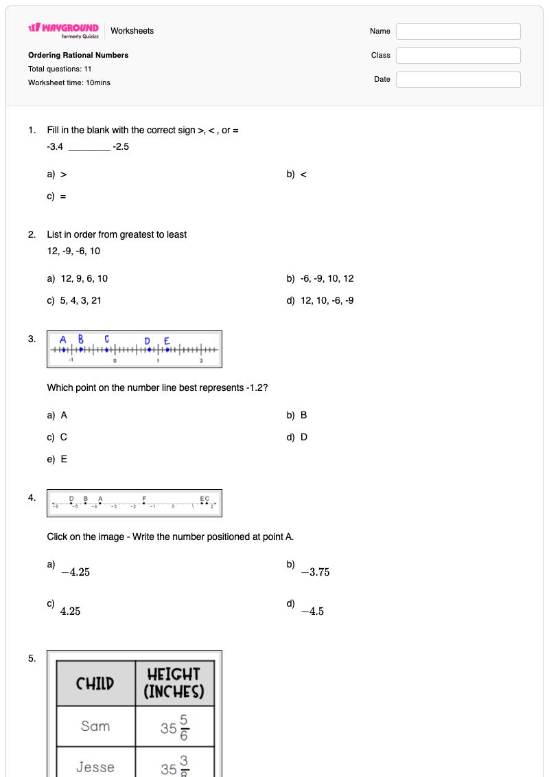 Ordering Rational Numbers - Printable Organizing-real-numbers Worksheets Grade 6 - Wayground