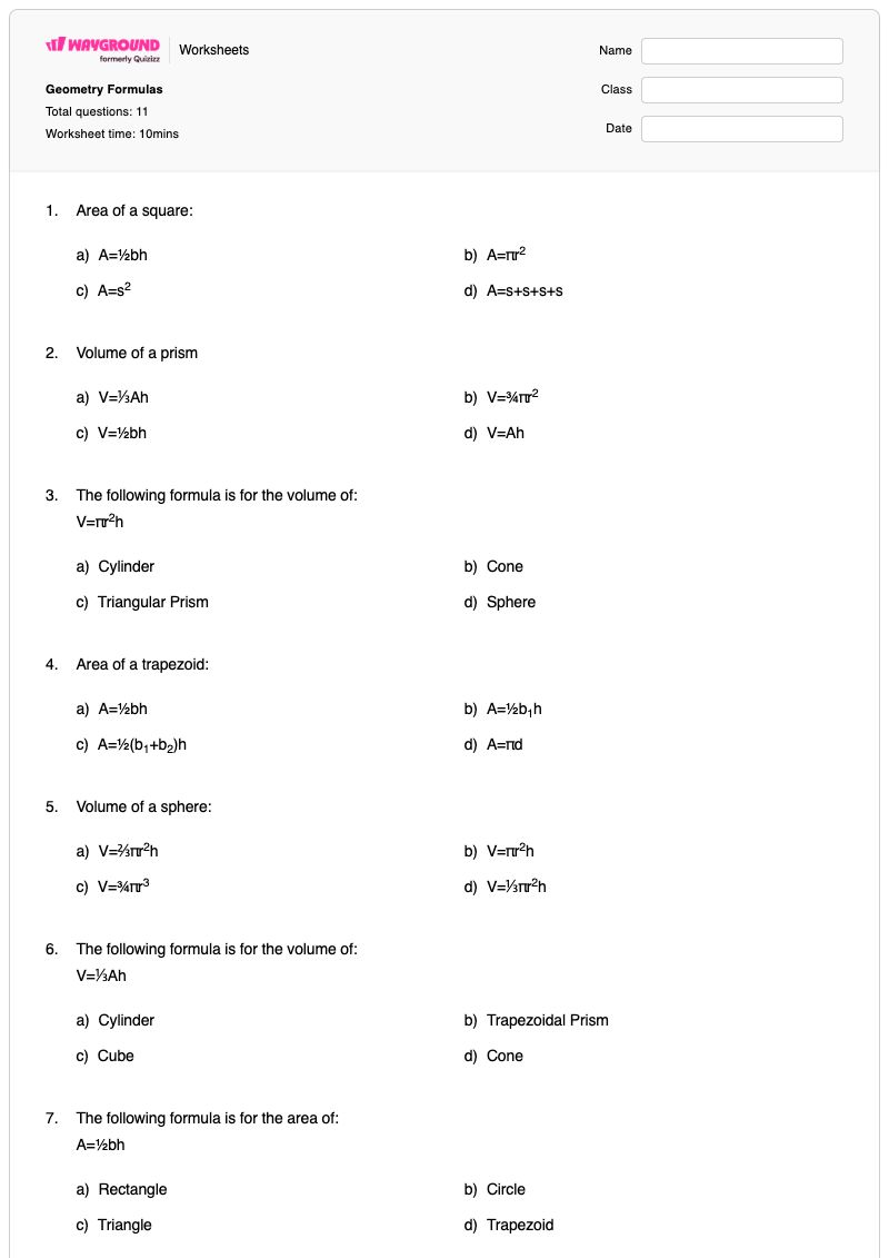 Geometry Formulas - Printable Math Worksheets Grade 8 - Wayground