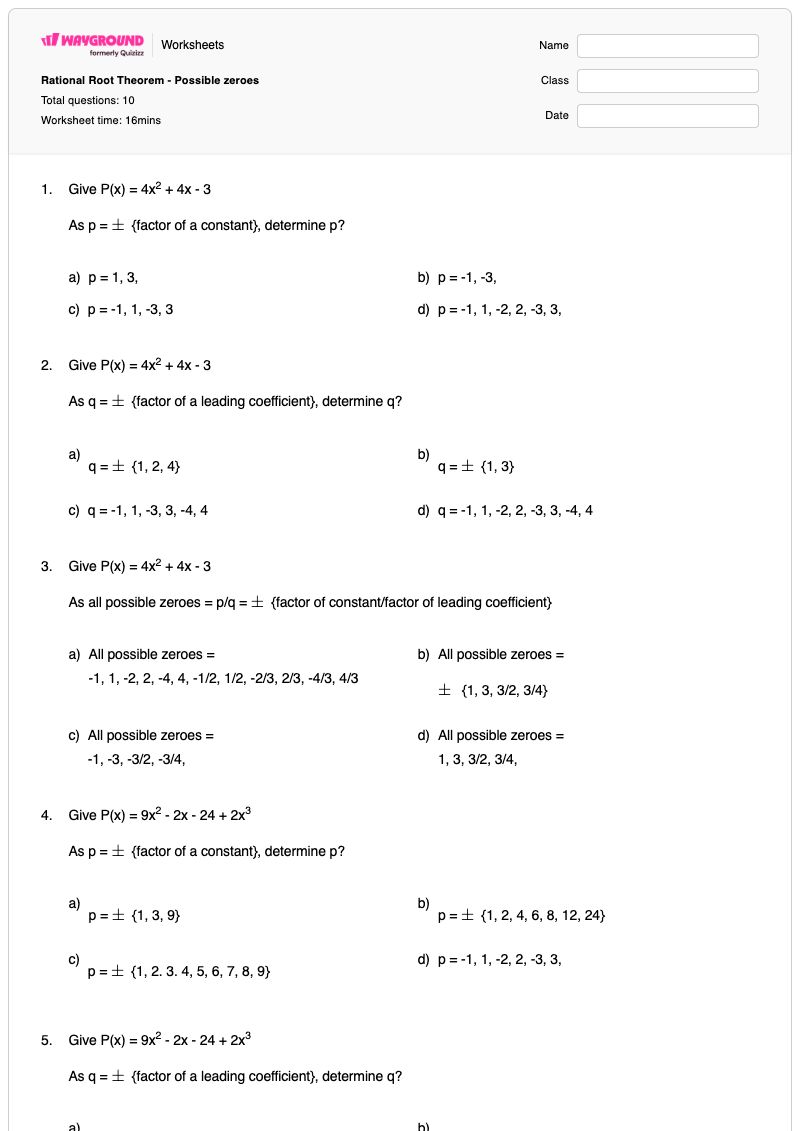 Rational Root Theorem - Possible zeroes - พิมพ์ได้ ทฤษฎีบทรากตรรกยะ เวิร์กชีท ระดับ 10 - Wayground