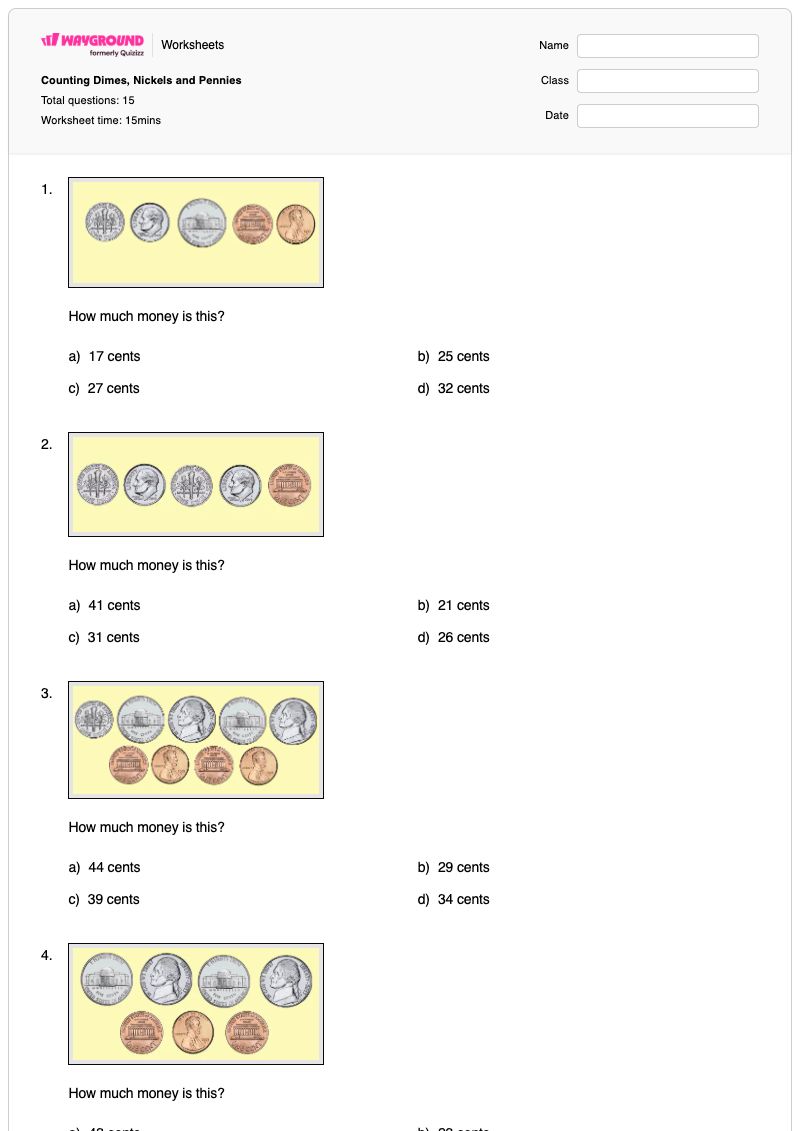 Counting Dimes, Nickels and Pennies - Imprimível Níqueis Fichas-de-trabalho - Wayground