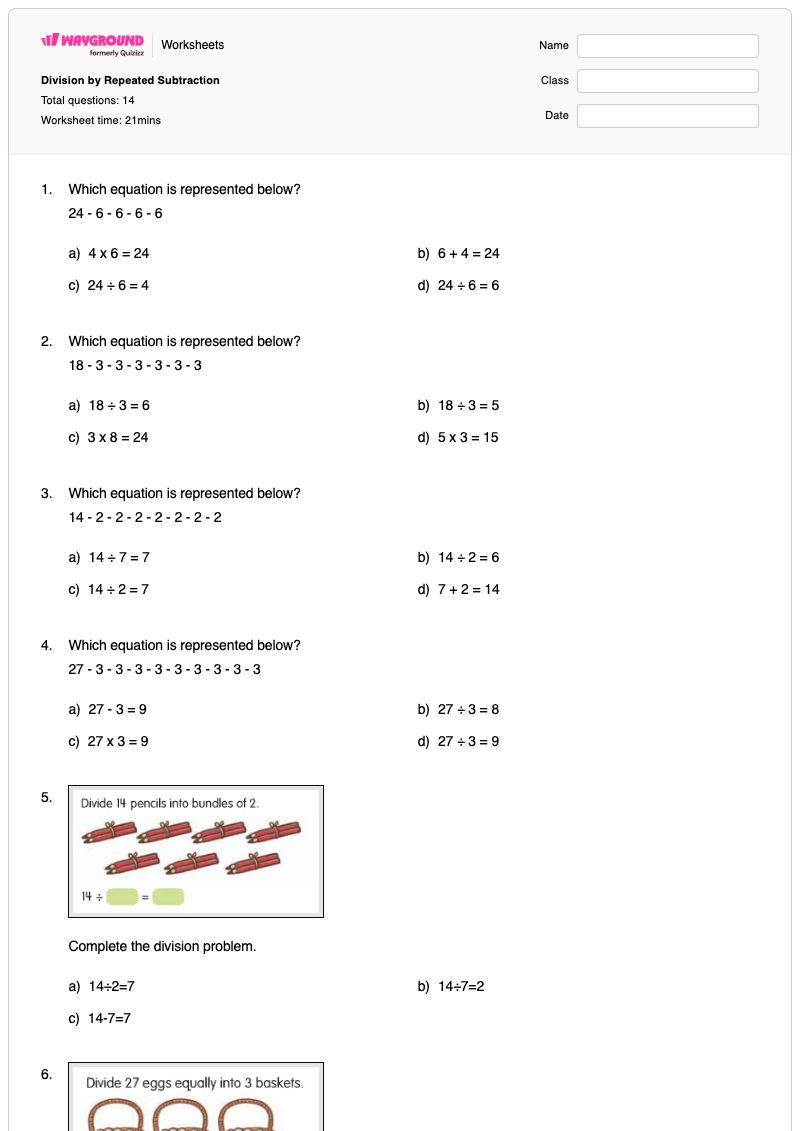 Division by Repeated Subtraction - Printable Repeated-subtraction Worksheets Year 3 - Wayground