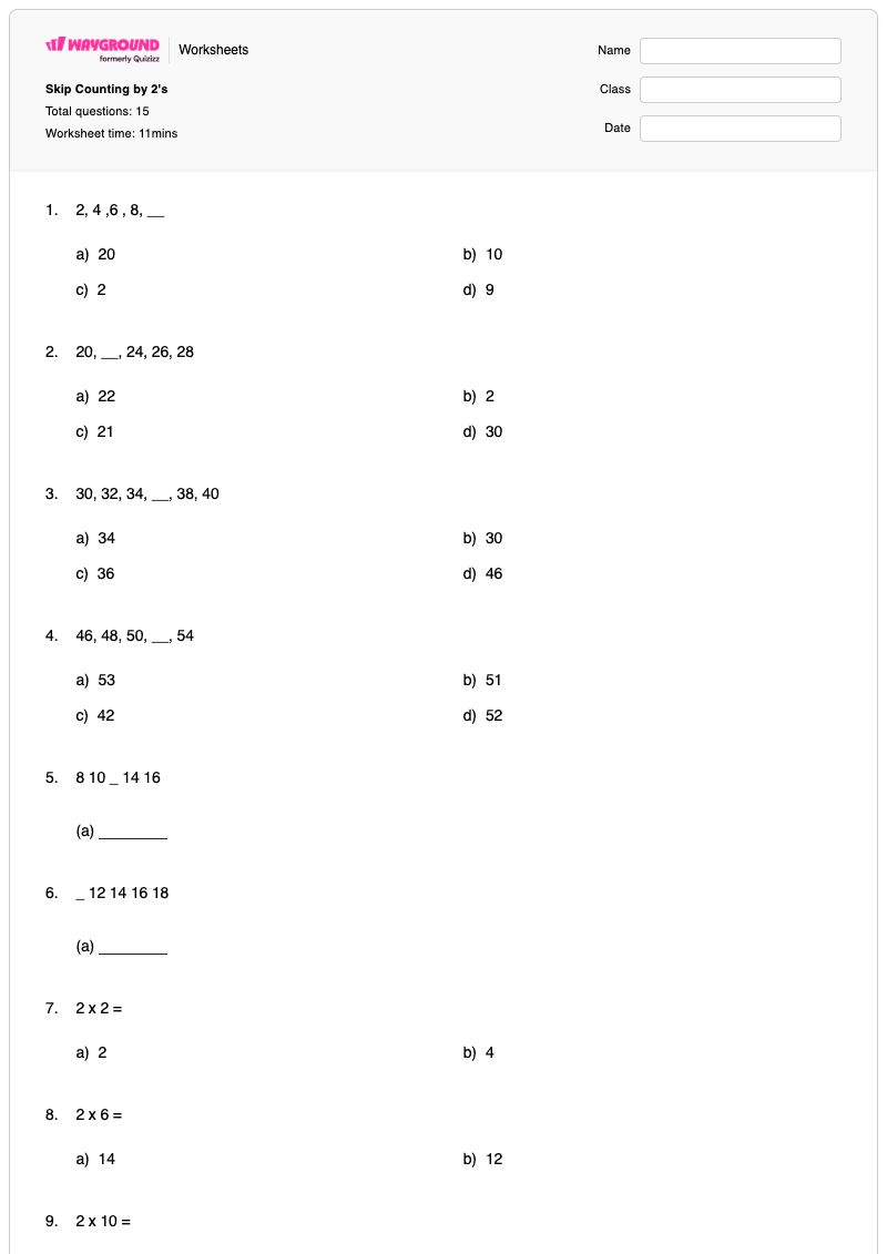 Skip Counting by 2's - พิมพ์ได้ การนับคอลเลกชัน เวิร์กชีท ระดับ 3 - Wayground