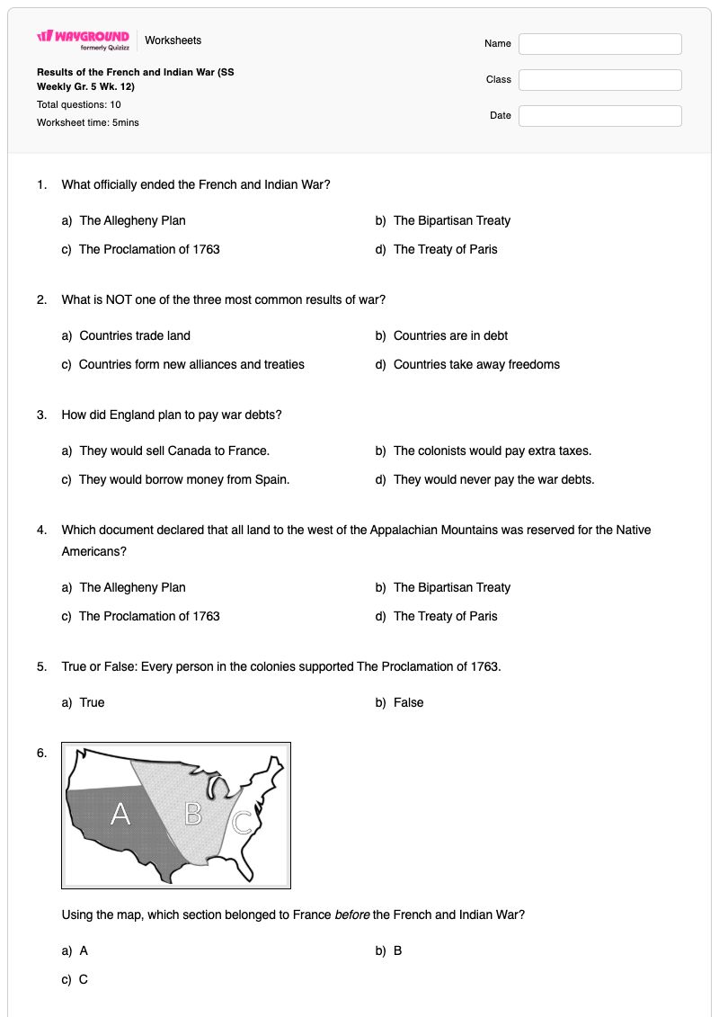 Results of the French and Indian War (SS Weekly Gr. 5 Wk. 12) - Printable French-and-indian-war Worksheets - Wayground