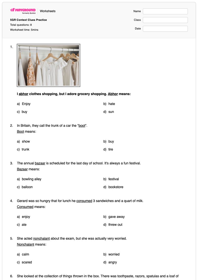5GR Context Clues Practice - พิมพ์ได้ การพิจารณาความหมายโดยใช้บริบท เวิร์กชีท ระดับ 5 - Wayground