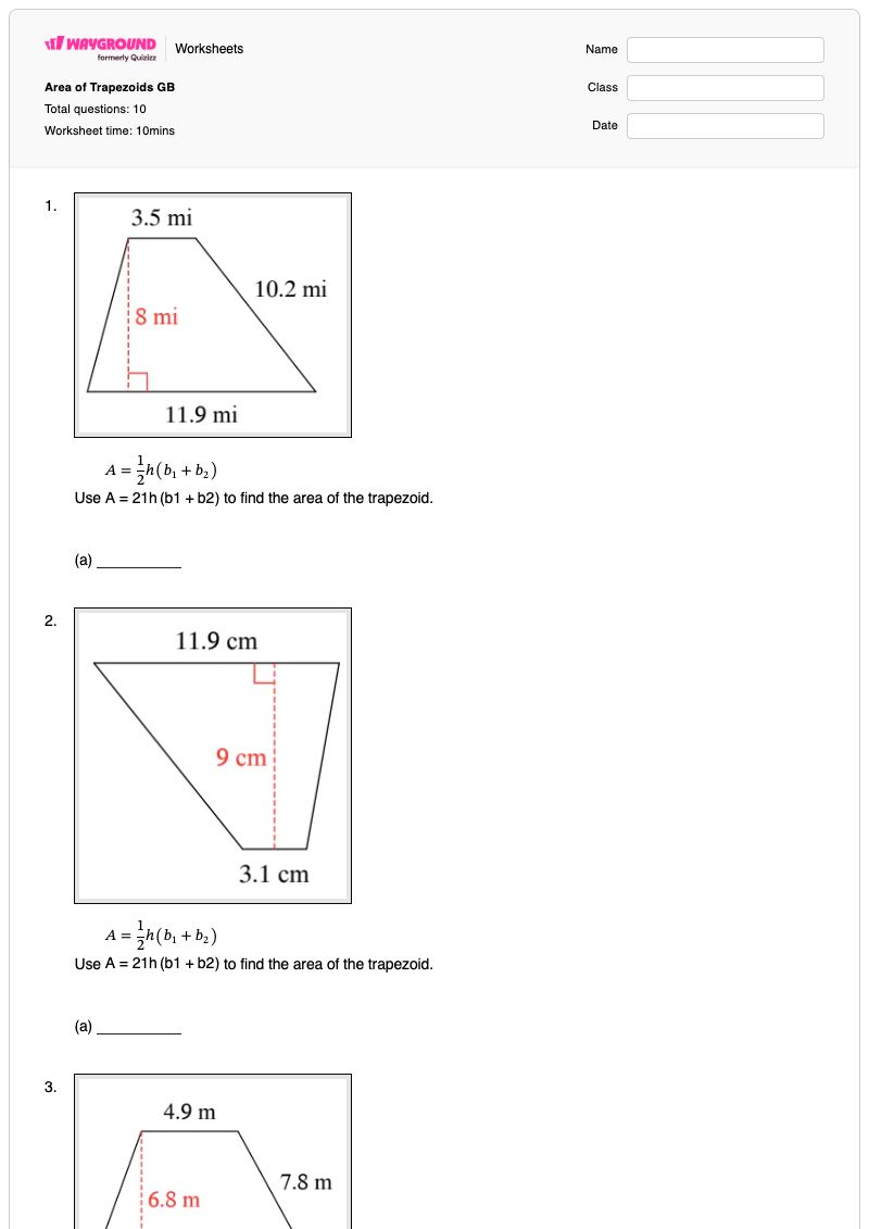 Area of Trapezoids GB - Printable Area-of-a-trapezoid Worksheets - Wayground